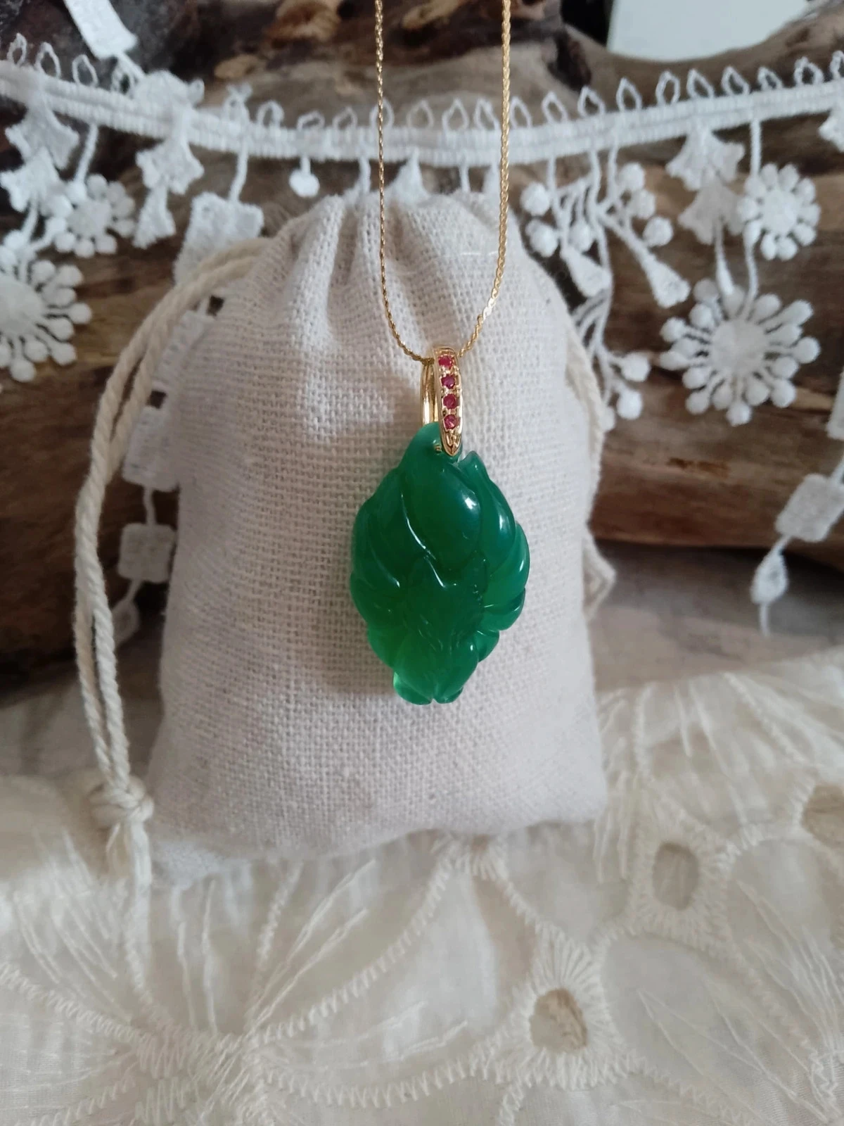 Collier Renard kitsune à 9 queues japonais en pierre de jade vert de Myanmar – photo 2
